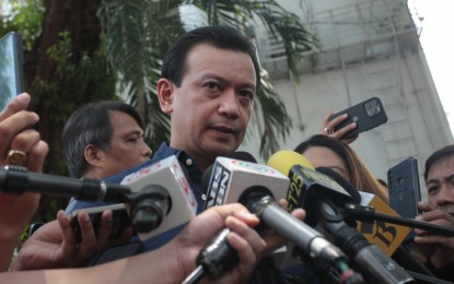 <p><strong>CHARGES.</strong> Former senator Antonio Trillanes IV talks to media after filing drug smuggling charges before the Department of Justice against Davao City 1st District Rep. Paolo Duterte and several others on Wednesday (July 31, 2024). Duterte said he welcomes the charges and expressed confidence that the judicial process will clear his name. <em>(PNA photo by Ben Pulta)</em></p>