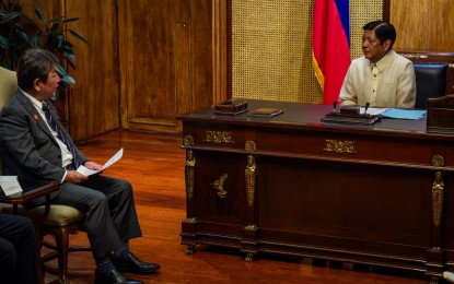 <p><strong>COURTESY CALL</strong>. Motegi Toshimitsu, secretary-general of Japan’s Liberal Democratic Party, pays President Ferdinand R. Marcos Jr. a visit at Malacañan Palace in Manila on Friday (Aug. 2, 2024). During the meeting, Marcos emphasized the need to further strengthen the Philippines’ ties with Japan.<em> (Photo courtesy of Presidential Photojournalists Association)</em></p>