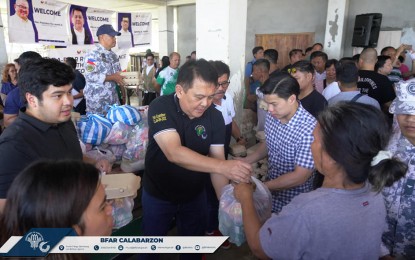 <p><strong>AID TO FISHERS.</strong> Bureau of Fisheries and Aquatic Resources Officer-in-charge Director Isidro Velayo distributes food packs to oil spill-affected fisherfolk in Noveleta, Cavite on Saturday (Aug. 3, 2024). Department of Agriculture Assistant Secretary Arnel de Mesa on Monday (Aug. 5) assured additional aid to affected fishers through the DA fuel subsidy and quick response fund. <em>(Photo courtesy of BFAR)</em></p>