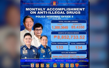 <p><strong>DRUG WAR</strong>. The Police Regional Office in Bicol (PRO5) on Monday said 134 drug personalities were arrested across the six provinces of the region, leading to the seizure of PHP8.8 million worth of illegal drugs in July this year. Six of those arrested were high-value individuals and 33 were street-level individuals.<em> (Infographic courtesy of PRO5)</em></p>