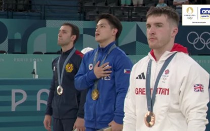 <p>Artur Davtyan of Armenia, silver; Carlos Yulo of the Philippines, gold; Harry Hepworth of Great Britain, bronze<em> (Screenshot)</em></p>