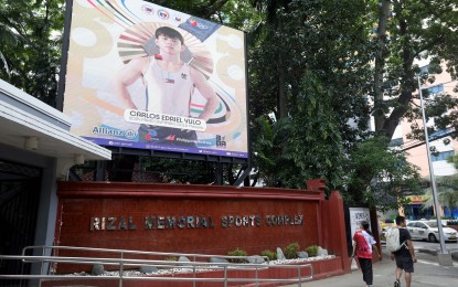 <p>Congratulatory billboard for Paris Olympics double gold medalist Carlos Yulo at the entrance of the Rizal Memorial Sports Complex in Manila <em>(PNA photo by Yancy Lim)</em></p>