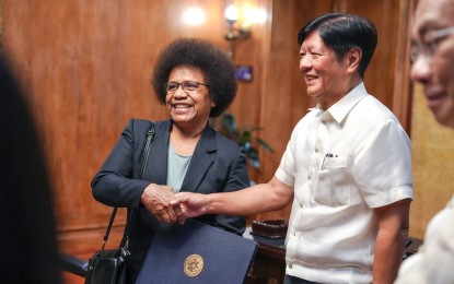 <p><strong>BITTERSWEET.</strong> President Ferdinand R. Marcos Jr. receives Her Excellency Betty Palaso, Ambassador of Papua New Guinea to the Philippines, in a farewell call in Malacañang on Tuesday (Aug. 6, 2024). During their meeting, the President tagged farewell calls of outgoing envoys as a "bittersweet" gathering as it means saying goodbye to people who have become "friends" with Filipinos. <em>(Presidential Communications Office photo)</em></p>