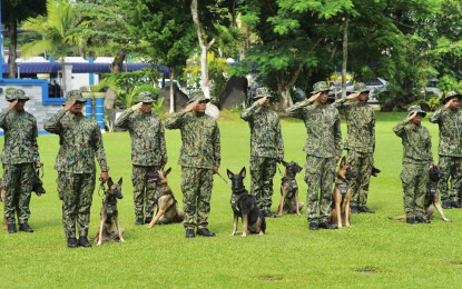 <p><strong>CAPABILITY BOOST. </strong>The police officers and their police service dogs who graduated from the 90-day Combat Tracking Course during the graduation rites at Camp Gen. Simeon Ola on Wednesday (Aug. 7, 2024). Fourteen police officers and 14 police dogs graduated from the course<em>. (Photo courtesy of PRO5)</em></p>