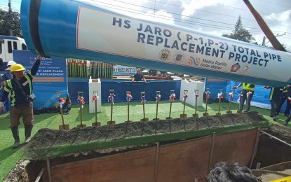 <p><strong>PIPE REPLACEMENT. </strong>The Metro Pacific Iloilo Water (MPIW) breaks the ground for its PHP336 million total pipe replacement project with the ceremonial lowering of the hydraulic system pipe in the Jaro district on Wednesday (Aug. 7, 2024). The project will enhance the water distribution in Jaro, Mandurriao, and parts of City Proper districts and reduce the non-water revenue or water losses. <em>(PNA photo by PGLena)</em></p>