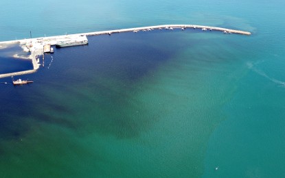 <p><strong>MOLASSES LEAK</strong>. The molasses spill from M/T Mary Queen of Charity docked at the feeder port in Sagay City, Negros Occidental, on Wednesday (Aug. 7, 2024). In a statement, Mayor Narciso Javelosa Jr. said immediate actions have been taken to minimize the damage due to the molasses spill<em>. (Photo courtesy of Sagay City Information and Tourism Office)</em></p>