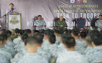 <p><strong>ALLOWANCE HIKE.</strong> Speaker Martin Romualdez announces that the House of Representatives will raise the daily subsistence allowance of the members of the Armed Forces of the Philippines from PHP150 to PHP350 under the proposed national budget for 2025 in his message during the Talk to Troops at Warehouse Delta, Naval Operating Base in Subic, Zambales on Friday. He said next year's spending plan will include a PHP15-billion package that will more than double the daily subsistence allowance for soldiers. <em>(Photo courtesy of the Speaker's office)</em></p>