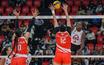 <p><strong>WINNING FORM. </strong>Akari import Oly Okaro (No. 4) tries to score against Brooke Anne Van Sickle (left) and Kecelyn Galdones (No. 12) in the Premier Volleyball League Reinforced Conference at the Philsports Arena in Pasig City on July 27, 2024. Okaro will continue to lead the unbeaten Chargers in the crossover preliminary round starting Saturday (Aug. 10). <em>(Photo courtesy of PVL) </em></p>