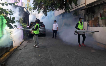 <p><strong>FIGHTING DENGUE.</strong> Personnel from the Manila Disaster Risk Reduction and Management Office hold misting operations against dengue in Barangay 748, Zone 81 in the district of San Andres Bukid in this undated photo. Manila Mayor Honey Lacuna on Monday (Aug. 12, 2024) directed barangay officials to boost cleanup drives in their areas to prevent the spread of dengue in the city. <em>(Photo courtesy of Manila Public Information Office)</em></p>