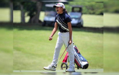 <p><strong>AIM FOR VICTORY.</strong> Eliana Dumalaog reacts after making a shot during the girls' 10-12 category finals of the ICTSI Junior PGT Mindanao Series 4 at the Pueblo de Oro Golf and Country Club in Cagayan de Oro on Tuesday (Aug. 13, 2024). She needed two extra holes to secure the win. <em>(Contributed photo) </em></p>