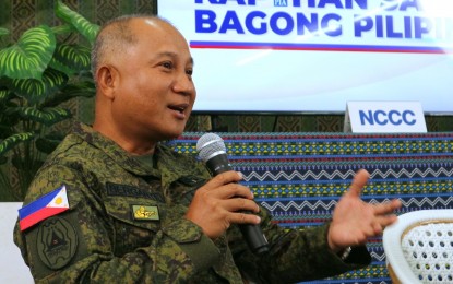 <p><strong>INSURGENCY-FREE.</strong> Eastern Mindanao Command (Eastmincom) commander Lt. Gen. Luis Rex Bergante bares during the Kapihan sa Bagong Pilipinas in Davao City on Tuesday (Aug. 13, 2024) that six provinces, two municipalities, and one city in their area of responsibility have been declared insurgency-free. He added that Surigao del Sur and Agusan del Norte would soon join the insurgent-free areas.<em> (PNA photo by Robinson Niñal Jr.)</em></p>