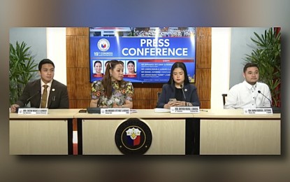 <p><strong>RANDOM DRUG TESTING</strong>. Davao Oriental 2nd District Rep. Cheeno Almario, PBA Party-list Rep. Margarita Nograles, Taguig City 2nd District Rep. Amparo Maria Zamora, and 1-Rider Party-list Rep. Rodge Gutierrez (left to right) hold a press conference at the House of Representatives on Tuesday (Aug. 13, 2024). The lawmakers raised concerns about the constitutionality of a proposed bill mandating all elected public officials to undergo random drug testing every six months. <em>(Screengrab)</em></p>