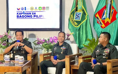 <p><strong>SUCCESSFUL OPS.</strong> Brig. Gen. Adonis Ariel Orio (left), 402Bde commander; Brig. Gen. Francisco Lorenzo (center), commander of 401Bde; and Brig. Gen. Arsenio Sadural, commander of 901Bde, present the accomplishments of the Philippine Army in the Caraga Region as of the first quarter of 2024, during the Kapihan sa Bagong Pilipinas in Butuan City on Tuesday (Aug. 13, 2024). The three officers reported a significant decrease in the manpower and firearms capabilities of the New People’s Army in the area. <em>(Photo courtesy of PIA-13)</em></p>