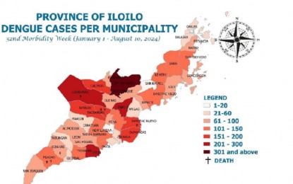 <p><strong>RISING CASES.</strong> The distribution of dengue cases in Iloilo province. In a press conference on Wednesday (Aug. 14, 2024), Governor Arthur Defensor Jr. said there is already a dengue outbreak in the province. <em>(Image screengrab from IPHO report)</em></p>