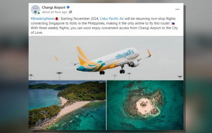 <p><strong>DIRECT FLIGHTS.</strong> Changi Airport's Facebook page announces on Thursday (Aug. 15, 2024) the resumption of direct flights between Singapore and Iloilo in November 2024. This will make Cebu Pacific the only airline to fly this route, it said.  <em>(Screen grab from Changi Airport Facebook account)</em></p>
<p> </p>