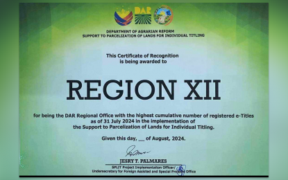 <p>The certification awarded to the Department of Agrarian Reform–Region 12 from the agency's Support to Parcelization of Lands for Individual Titling (SPLIT) Project. <em>(Image courtesy of DAR-12)</em></p>