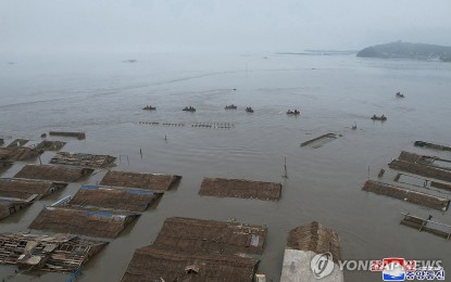 <p>This file photo, carried by North Korea's official Korean Central News Agency on July 31, 2024, shows submerged areas of North Korea's border city of Sinuiju in North Phyongan Province due to the latest heavy rains. <em>(Yonhap)</em></p>