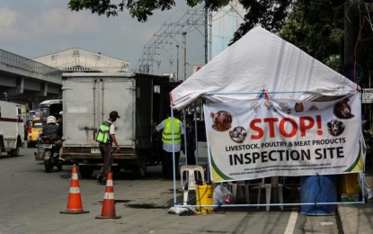 <p><strong>ASF WATCH.</strong> Joint teams of the Department of Agriculture’s Bureau of Animal Industry, National Meat Inspection Service, Philippine National Police and Quezon City government conduct a checkpoint near the Balintawak Market in EDSA, Quezon City on Aug. 15, 2024. The DA reported Friday (Sept. 13) that 400 ASF-infected hogs intercepted in various checkpoints in Metro Manila have been condemned. <em>(PNA file photo by Joan Bondoc)</em></p>