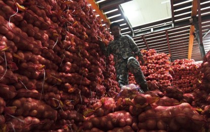 <p><strong>SMUGGLED VEGETABLES.</strong> Over 300 tons of smuggled white onions and other vegetables are seized during a joint raid by the Department of Agriculture and the Bureau of Customs in two illegal warehouses in Navotas City on Aug. 15, 2024. Agriculture Secretary Francisco P. Tiu Laurel Jr. on Friday (Aug. 16) urged the public to report to the DA any smuggling activity of agricultural products to ensure the protection of Filipino farmers and the general public.<em> (Photo courtesy of DA)</em></p>