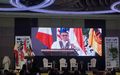 <p><strong>HALAL POWERHOUSE.</strong> Mindanao Development Authority (MinDA) Secretary and Philippine Signing Minister for BIMP-EAGA Leo Tereso Magno delivers his keynote speech during the first PCCI BIMP-EAGA Trade, Investment, and Halal Industry Conference at the Manila Hotel on Tuesday (Aug. 20, 2024). Magno said Mindanao's potential to become a global halal industry powerhouse is not far from reality given its strategic location and its relationship with neighboring countries, particularly with the Brunei Darussalam–Indonesia–Malaysia–Philippines East ASEAN Growth Area sub-region.<em> (PNA photo)</em></p>