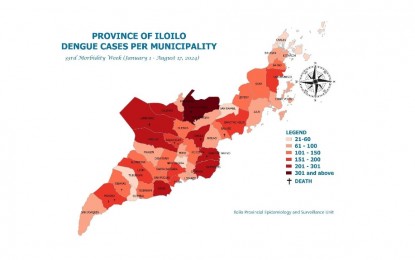 <p><strong>STATE OF CALAMITY.</strong> The map shows the distribution of dengue cases in Iloilo province. The Sangguniang Panlalawigan (Provincial Board) on Tuesday (Aug. 20, 2024) placed Iloilo in a state of calamity due to a dengue outbreak. <em>(Image screengrab from IPHO-PESU report)</em></p>