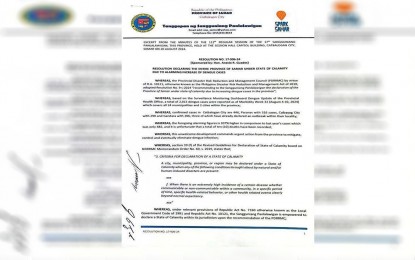 <p><strong>STATE OF CALAMITY</strong>. The resolution of Samar provincial board declaring the province under a state of calamity due to the alarming rise in dengue fever cases. From January up to the second week of August 2024, the province has already recorded 2,013 dengue cases in 24 towns and two cities<em>. (Image courtesy of Samar provincial information office)</em></p>