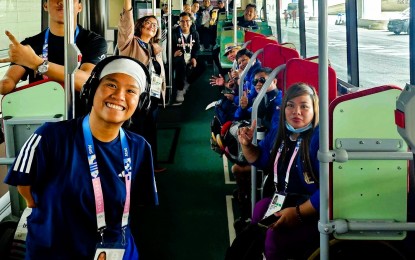 <p><strong>READY.</strong> Members of the Philippine delegation ride a shuttle bus on their way to the Paralympics Village in Paris, France on Wednesday (Aug. 21, 2024). In front are swimmer Angel Mae Otom (left) and wheelchair thrower Cendy Asusano. <em>(Photo courtesy of Philippine Paralympic Committee)</em></p>