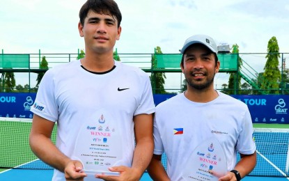 <p><strong>VICTORS</strong>. Filipino Francis Casey Alcantara (right) and Thai Maximus Jones with their trophies after winning the men's doubles title in Nakhon Si Thammarat, Thailand in a photo taken on July 14, 2024. Alcantara and partner Chinese Fajing Sun made it to the semifinals of the Jinan Challender 50 in China on Monday (Aug. 26, 2024<em>) (Contributed photo) </em></p>