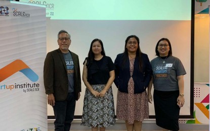 <p><strong>PROMOTING STARTUPS</strong>. Cristina Ibañez, manager of Strategic and Collaborative Alliance for Leveraging Ecosystem in the National Capital Region (rightmost), and Romelen Tresvalles, regional director of the Department of Science and Technology-NCR (third from left), on Tuesday (Aug. 27, 2024) announce the launching of platforms to accelerate the growth of technology-based startups and business enterprises in Metro Manila. SCALE NCR aims to improve Metro Manila's standing in the global startup ecosystem ranking, currently placed at 81st to 90th. <em>(Photo by Pot Chavez) </em></p>