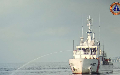 <p><strong>RECOVERY.</strong> Philippine Coast Guard (PCG) vessel BRP Sindangan uses a water cannon to break an oil sheen some 500 meters northeast of the ground zero of the oil spill of the coast of Bataan in this undated photo. The PCG on Tuesday (Aug. 27, 2024) said more than 500,000 liters of oily waste have so far been siphoned from the sunken MKTR Terranova.<em> (Photo courtesy of PCG)</em></p>