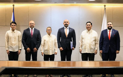 <p><strong>BAHRAIN EMBASSY IN PH.</strong> Foreign Affairs Undersecretary Antonio Morales and Bahrain Foreign Ministry Undersecretary Al Noaimi (third and fourth from left) are joined by officials from the Department of Foreign Affairs-Office of Middle East and African Affairs, DFA-Office of Protocol, Bahraini Ministry of Foreign Affairs, and the Bahraini Embassy in Bangkok, Thailand in this undated photo. Bahrain is expected to formally open its embassy in the Philippines by the end of 2024, the DFA said. <em>(Photo credits to DFA-OPD James Ryan Artiaga)</em></p>