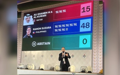 <p><strong>ELECTED.</strong> Philippine National Volleyball Federation president Ramon "Tats" Suzara gets 48 out of 63 votes, including 20 proxy votes, during the Asian Volleyball Confederation Elective General Assembly at The Grand Fourwings Convention Hotel Bangkok in Thailand on Friday (August 30, 2024). He beat Qatar's Ali Ghanem Al Kuwari, who had 15 votes. <em>(Contributed photo)</em></p>