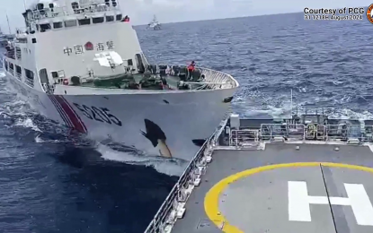 <p><strong>RAMMING.</strong> A Chinese Coast Guard vessel with bow number 5205 repeatedly rammed Philippine Coast Guard ship BRP Teresa Magbanua while in transit to Escoda Shoal in the West Philippine Sea on Saturday (Aug. 31, 2024). Envoys in Asia, Europe, North America, and Oceania condemned the actions of the CCG and shared their concerns over the escalatory actions of China in the South China Sea.<em> (Photo courtesy of PCG)</em></p>