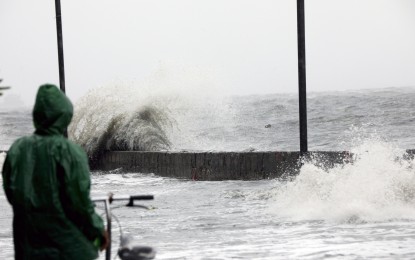 <p><strong>FEARLESS.</strong> No rain or wind is too strong for this resident as he observes the strong waves in this portion of Manila Bay in Baseco Compound, Tondo on Monday (Sept. 2, 2024). The National Capital Region was placed under wind signal No. 1 on Tuesday (Sept. 3, 2024) due to Tropical Storm Enteng.<em> (PNA photo by Yancy Lim)</em></p>