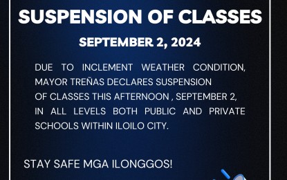 <p><strong>CLASS SUSPENSION.  </strong>THE Iloilo City government suspends the afternoon classes at all levels.  The city continued to experience scattered rainshowers and thunderstorms. <em>(Image courtesy of Iloilo City Government)</em></p>