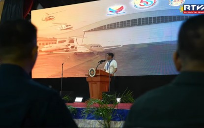 <p><strong>BLUEBIRDS.</strong> President Ferdinand R. Marcos Jr. calls on the 250th Presidential Airlift Wing, also known as the Bluebirds, to continue to commit to excellence and capability improvement during the celebration of the unit’s 56th founding anniversary at the Villamor Airbase in Pasay City on Monday (Sept. 2, 2024). He urged the Bluebirds to look inward, examine its strengths and weaknesses, and commit to continuous improvement. <em>(RTVM Screengrab)</em></p>