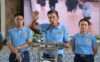 <p><strong>SEARCH, RESCUE EFFORTS</strong>. Brig. Gen. Paul Kenneth Lucas, Director of Police Regional Office-4A speaks at a press conference at Camp Vicente Lim in Calamba City on Tuesday (Sept. 3, 2024). He said nine people were reported to have died during the onslaught of Tropical Storm Enteng in the region<em>. (Contributed photo)</em></p>