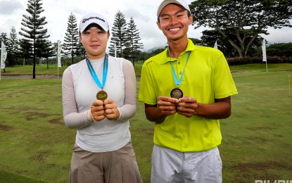 <p><strong>CHAMPIONS.</strong> Korean Yunju An (left) and Filipino John Paul Agustin Jr. rule their respective divisions in the ICTSI Junior PGT Series 6 at Mount Malarayat Golf and Country Club in Lipa City, Batangas on Wednesday (Sept. 4, 2024). Both earned ranking points to boost their bids for spots in the Match Play Championship next month. <em>(Contributed photo) </em></p>