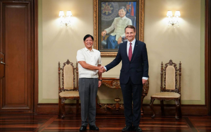 <p><strong>COURTESY CALL</strong>. President Ferdinand R. Marcos Jr. welcomes Polish Foreign Minister Radosław Sikorski (right) at Malacañan Palace in Manila on Wednesday (Sept. 4, 2024). During the meeting, Marcos thanked Sikorski for his time to visit the Philippines, despite the current weather situation and geopolitical developments in Europe. <em>(Photo from PCO Facebook page)</em></p>