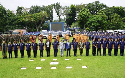 <p><strong>SECURITY DEPLOYMENT</strong>. The personnel and vehicles deployed to secure the Peñafrancia Festival in Naga City during the formal send-off at Camp Simeon Ola in Legazpi City, Albay on Thursday (Sept. 5, 2024). A total of 5,138 personnel were tasked to secure the estimated 1.5 million devotees and pilgrims during the duration of the feast from Sept. 12 to 22<em>. (Photo courtesy of PRO5)</em></p>