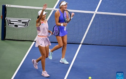 <p><strong>US OPEN</strong>. Zhang Shuai (L) of China and Kristina Mladenovic of France celebrate beating Katerina Siniakova of the Czech Republic/Taylor Townsend of the United States to reach the final of the 2024 US Open in New York on Wednesday (Sept. 4, 2024). Zhang and Mladenovic will face the No. 7 seeds, Jelena Ostapenko of Latvia and Ukraine's Lyudmyla Kichenok, in the final on Friday.<em> (Xinhua/Li Rui)</em></p>