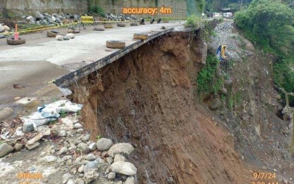 <p><strong>UNPASSABLE.</strong> A portion of Camp 2, Kennon Road in Tuba, Benguet is closed on Saturday (Sept. 7, 2024) due to a road slip. The Department of Public Works and Highways said works are underway to make one lane passable to motorists. <em>(Photo courtesy of DPWH-Cordillera)</em></p>