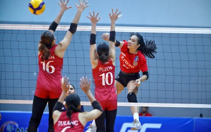 <p><strong>OVER THE HUMP.</strong> Letran's Gia Marcel Maquilang (No. 25) scores against Lyceum's Hiromi Osada (No. 16) and Venice Puzon (No. 10) during the V-League Women's Collegiate Challenge at Paco Arena in Manila on Sunday (Sept. 8, 2024). The Lady Knights prevailed, 20-25, 25-21, 26-24, 25-19. <em>(Photo courtesy of PVL)</em></p>