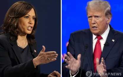 <p>This combination photo, released by the Associated Press, shows Democratic presidential candidate Kamala Harris (L) and her Republican rival Donald Trump. <em>(Yonhap)</em></p>