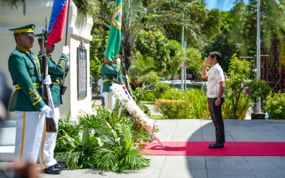 <p><strong>MARCOS DAY</strong>. President Ferdinand R. Marcos Jr. honors his father and namesake, the late former President Ferdinand E. Marcos Sr. during the "Marcos Day" celebration in their home province of Ilocos Norte on Wednesday (Sept. 11, 2024). In his message, the President said his father remains his source of wisdom and inspiration, especially now that he is the country’s leader. <em>(PCO Photo)</em></p>