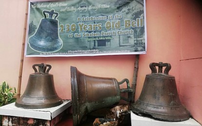 <p><strong>OLDEST CHURCH BELL.</strong> The church bell (3rd from left) of the Sta. Rita de Cascia Parish Church in Sibalom, Antique, believed to be the oldest in Panay and Negros islands, commemorates its  230th anniversary on Wednesday (Sept. 11, 2024). Engineer Jonathan De Gracia, program convener and member of the Sibalom Historical and Cultural Society, said in his message during the occasion that the bell is special and rare. (<em>PNA photo by Annabel Consuelo J. Petinglay)</em></p>