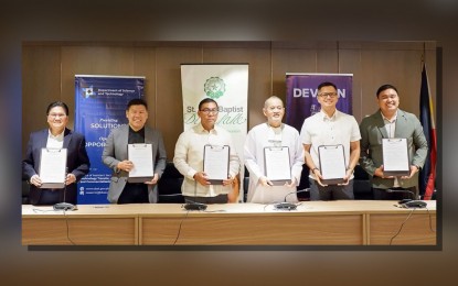 <p><strong>TRIPARTITE PARTNERSHIP.</strong> DOST Assistant Secretary Napoleon Juanillo (from left to right), DEVCON Philippines founder and president Winston Damarillo, DOST Secretary Renato Solidum Jr., DLSU president Br. Bernard Oca FSC, Animo Labs executive director Mike Gerald David, and DEVCON Philippines executive director Dominique De Leon during the launching of their tripartite collaboration in Makati City on Wednesday (Sept. 11, 2024). CReST will be the flagship project of the partnership that aims to build climate resilience technology solutions. <em>(Courtesy of DEVCON)</em></p>