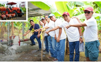 <p><strong>AGRI AID</strong>. Members of the Maribulan Agrarian Reform Beneficiaries Cooperative receive one of four shallow tube wells provided by the Department of Agrarian Reform to irrigate their banana plantation in Alabel, Sarangani on Thursday (Sept. 12, 2024). The support package (inset) also includes a tractor and water pumps<em>. (Photo courtesy of DAR Sarangani)</em></p>