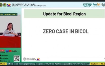 <p><strong>ZERO CASES</strong>. The Department of Health - Center for Health Development in Bicol says no cases of mpox were detected or being monitored in the six provinces of the region. DOH-Bicol epidemiology and surveillance unit chief Dr. Aurora Teresa Daluro said Thursday (Sept. 13, 2024) hospitals in the region are ready to admit and treat mpox patients<em>. (Screenshot from DOH-Bicol livestream)</em></p>