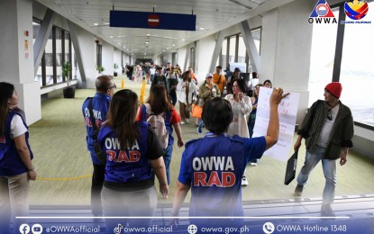 <p><strong>BACK HOME.</strong> Sixty-four overstaying Filipinos in the United Arab Emirates (UAE) arrive at the Ninoy Aquino International Airport on Friday (Sept. 13, 2024). The group is the first batch of Filipinos who availed of the UAE’s two-month visa amnesty program. <em>(Photo courtesy of OWWA)</em></p>